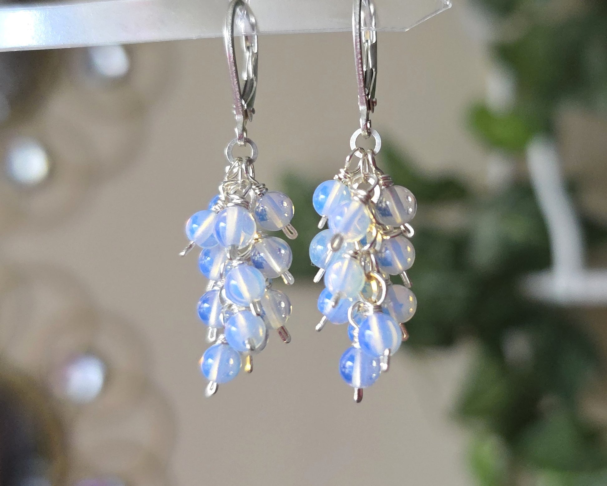 Sterling Silver Opalite Cluster earrings with blue gold stones on lever back earring hooks, with green plant background