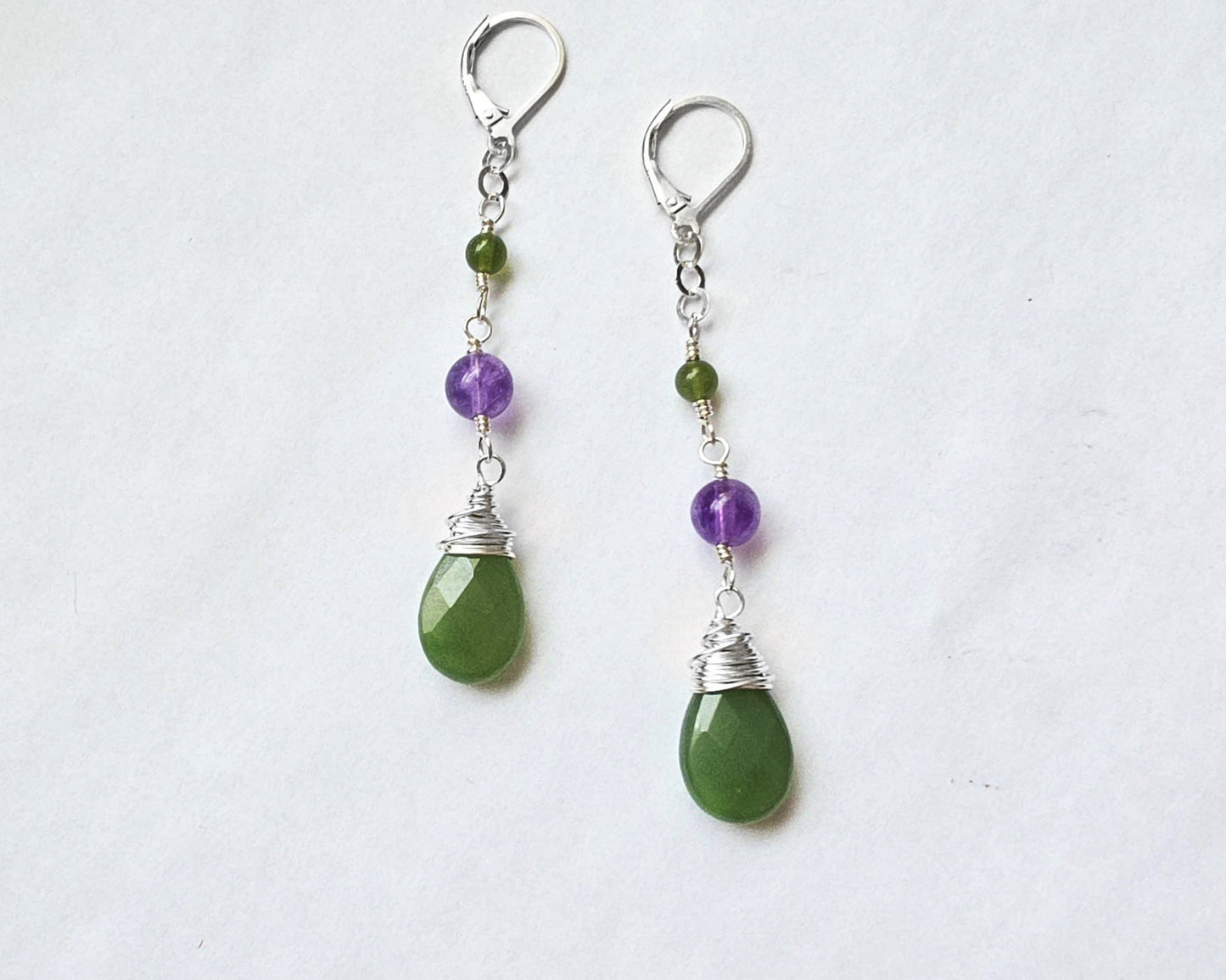 Long Canadian BC Jade & Amethyst Dangle Earrings