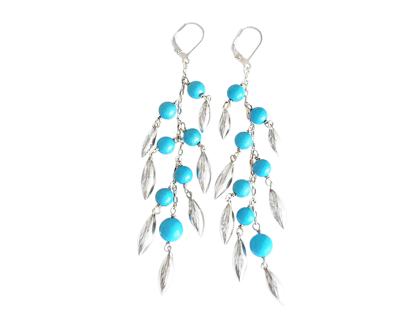 Long Turquoise Blue beaded Dangle Earrings with Pod /leaf shape silver pendants and lever back earrings hooks on white background 