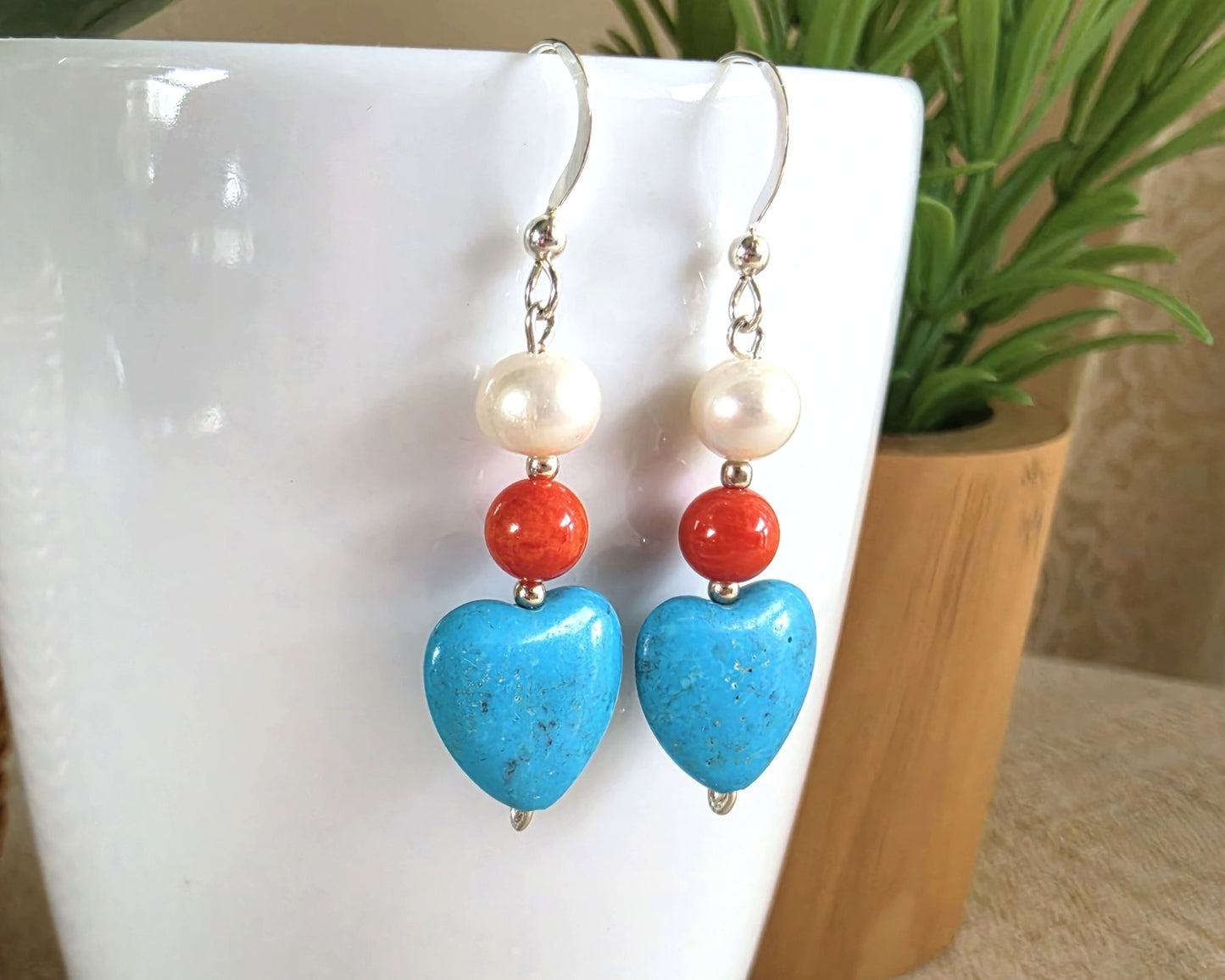 Mediterranean Dream Turquoise Heart Pearl Coral Dangle Earrings