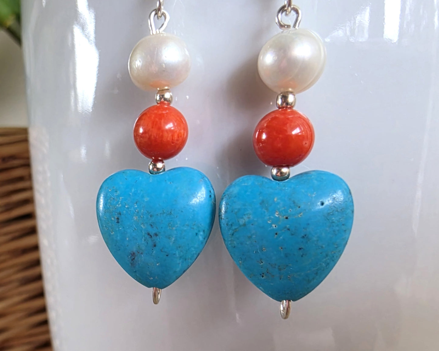 Mediterranean Dream Turquoise Heart Pearl Coral Dangle Earrings