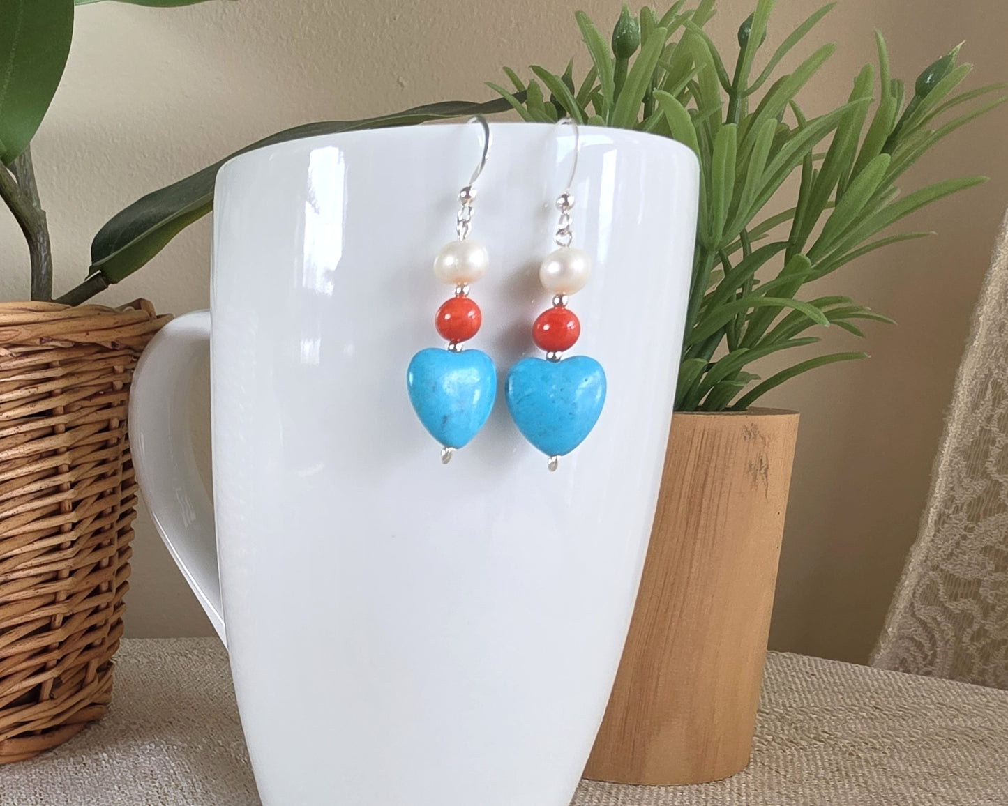 Mediterranean Dream Turquoise Heart Pearl Coral Dangle Earrings