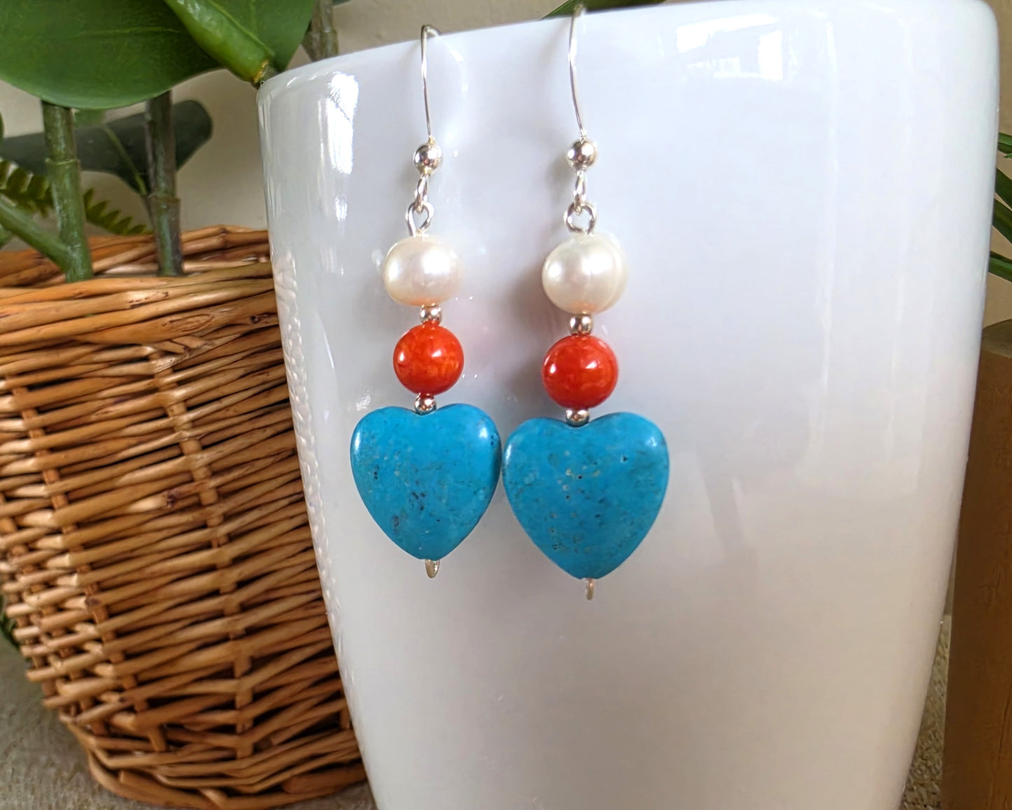 Mediterranean Dream Turquoise Heart Pearl Coral Dangle Earrings