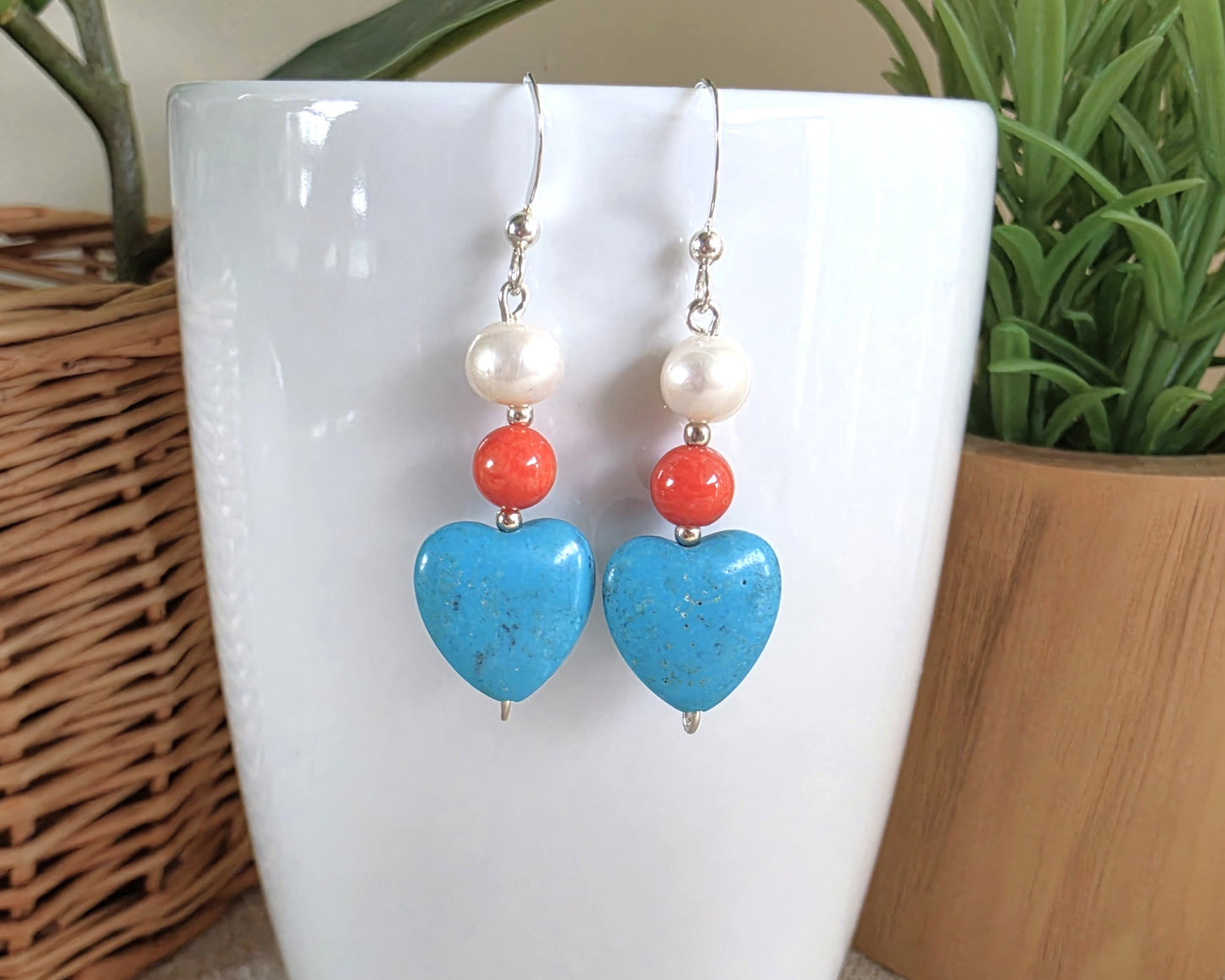Mediterranean Dream Turquoise Heart Pearl Coral Dangle Earrings