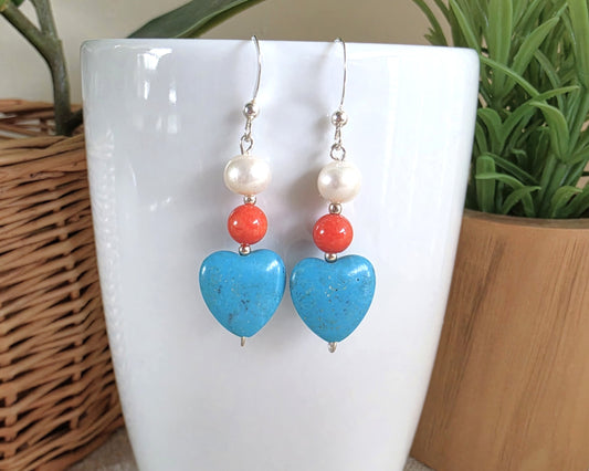Mediterranean Dream Turquoise Heart Pearl Coral Dangle Earrings