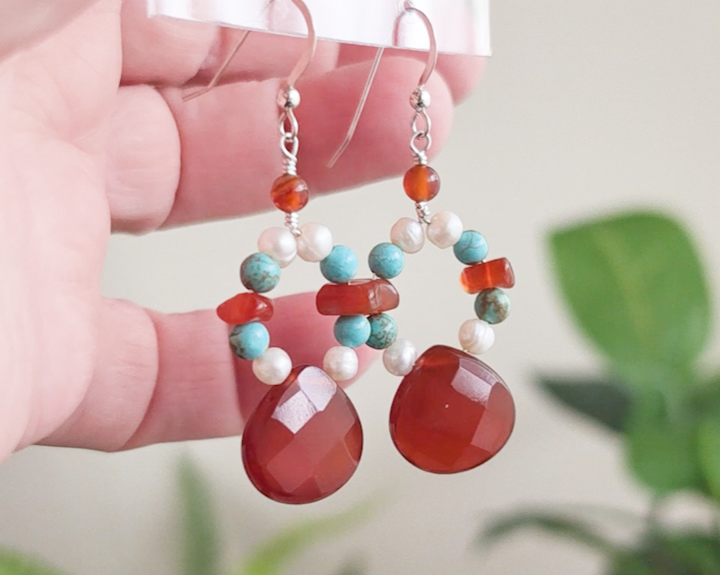 Large Carnelian Turquoise and Freshwater Cultured Pearl Earrings