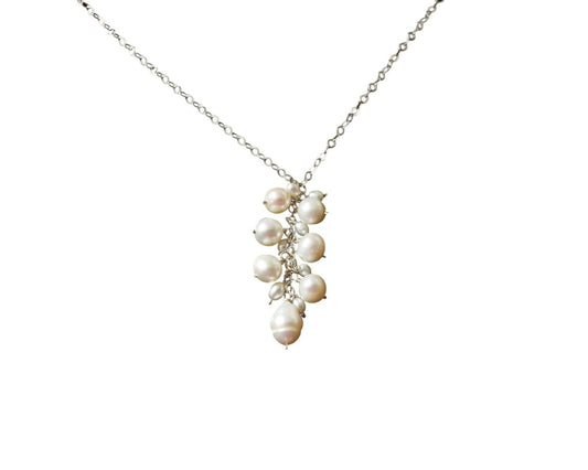 Freshwater Cultured Pearl Y Style Cluster necklace with large cluster of white pearls dangling from sparkly Sterling Silver chain. 