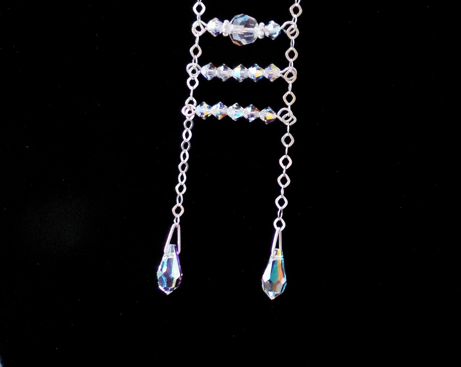  Art Deco Inspired Lariat Crystal Necklace,  A Sterling Silver, Clear AB Crystal Art Deco style Ladder Lariat with long sparkly chain and drop shaped crystals.