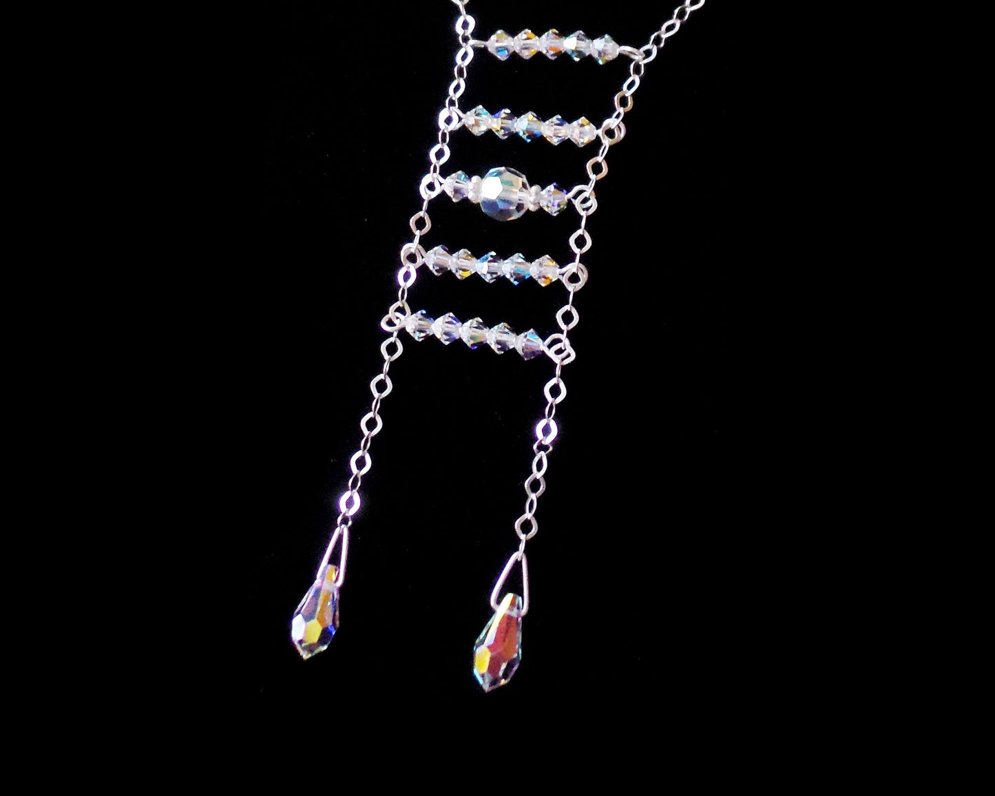 Art Deco Inspired Lariat Crystal Necklace,  A Sterling Silver, Clear AB Crystal Art Deco style Ladder Lariat with long sparkly chain and drop shaped crystals.
