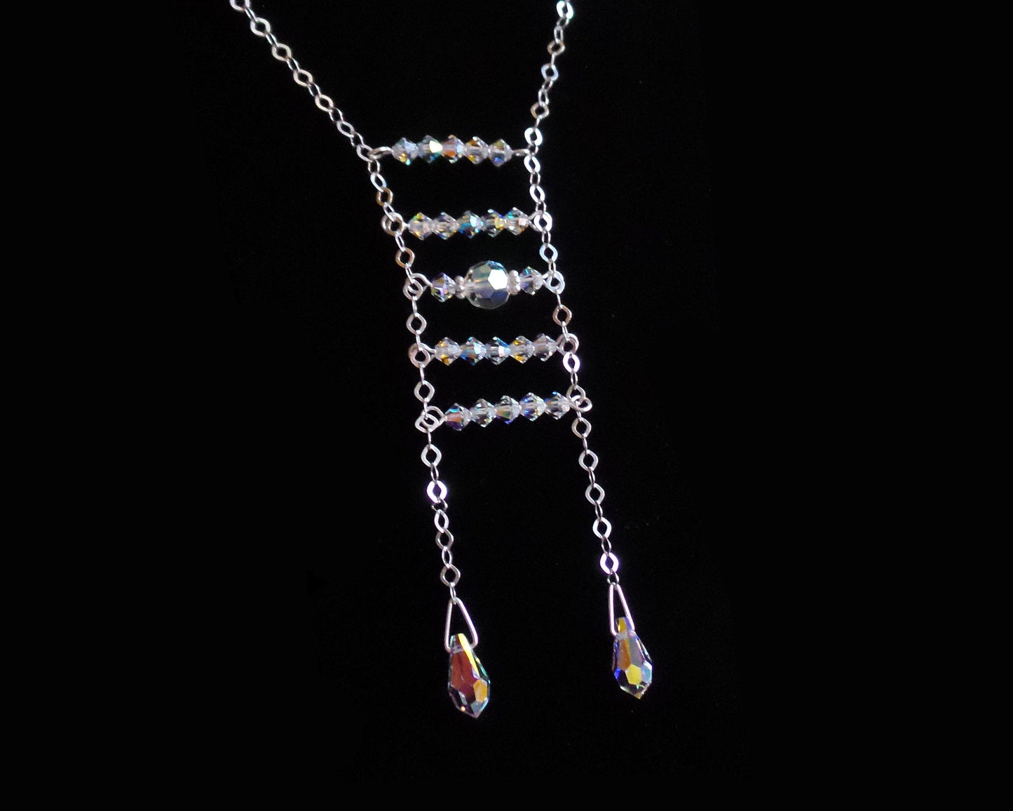Art Deco Inspired Lariat Crystal Necklace,  A Sterling Silver, Clear AB Crystal Art Deco style Ladder Lariat with long sparkly chain and drop shaped crystals.