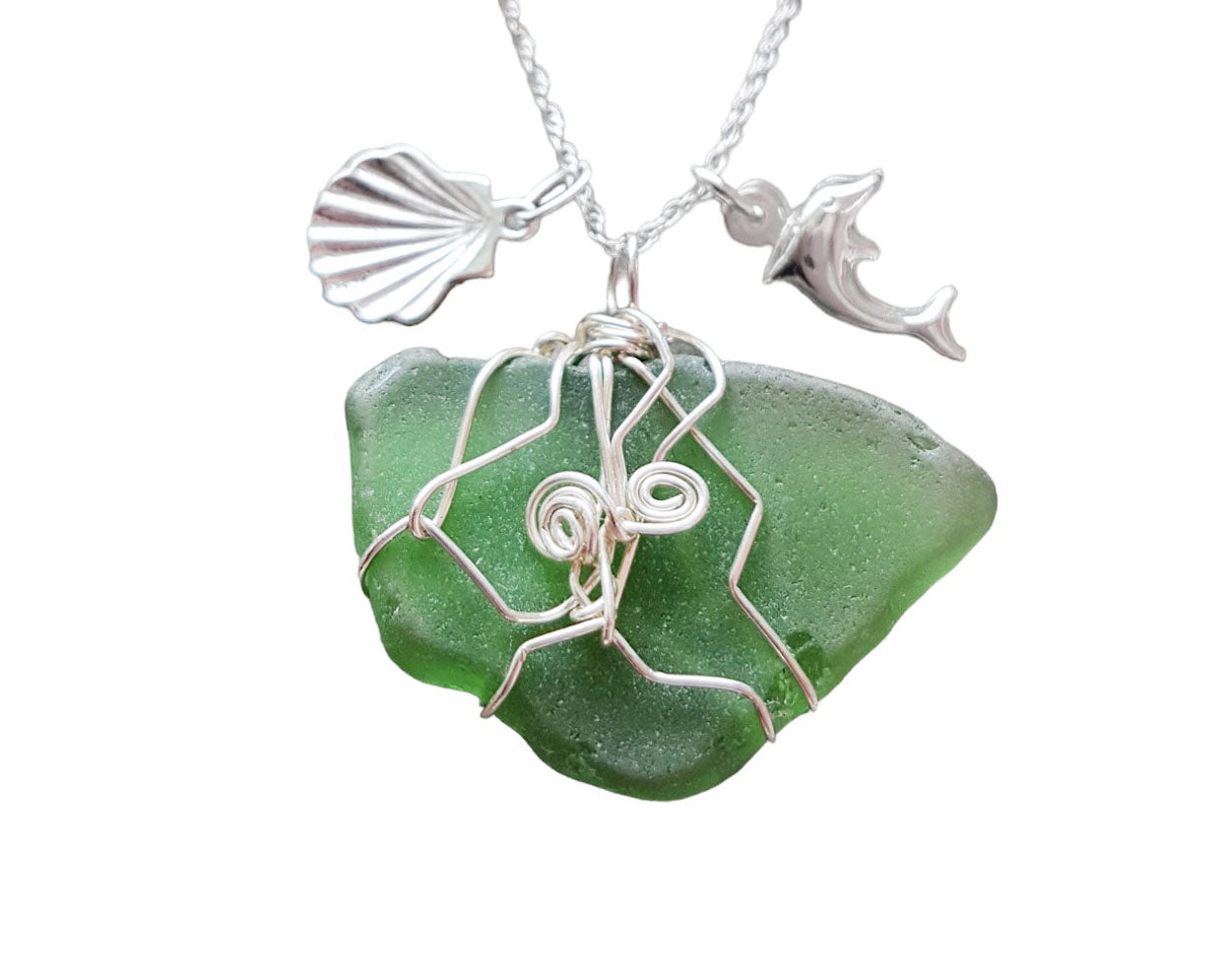 Silver Green Beach Glass -Sea Glass pendant wire wrapped with Sterling Silver wire and Sterling Silver Dolphin and Shell pendants on Chain. 