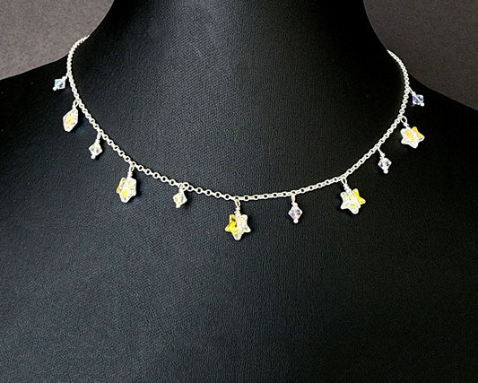 Brilliant Crystal Dangle Star Necklace with clear AB crystal Stars and tiny crystals dangling from Sterling Silver chain