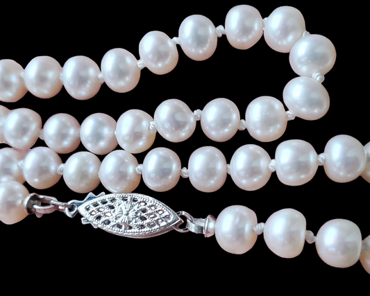 White Pearl Necklace Hand knotted on Silk, Vintage Style Sterling Silver Clasp 