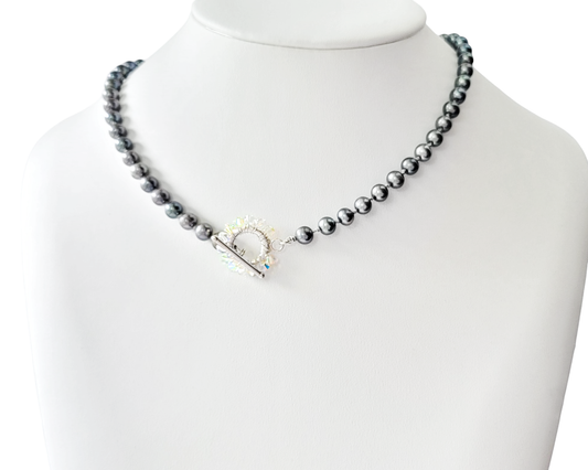 Celestial Brilliance Grey Freshwater Cultured Pearl Necklace, Hand knotted featuring a fabulous crystal starburst design toggle clasp