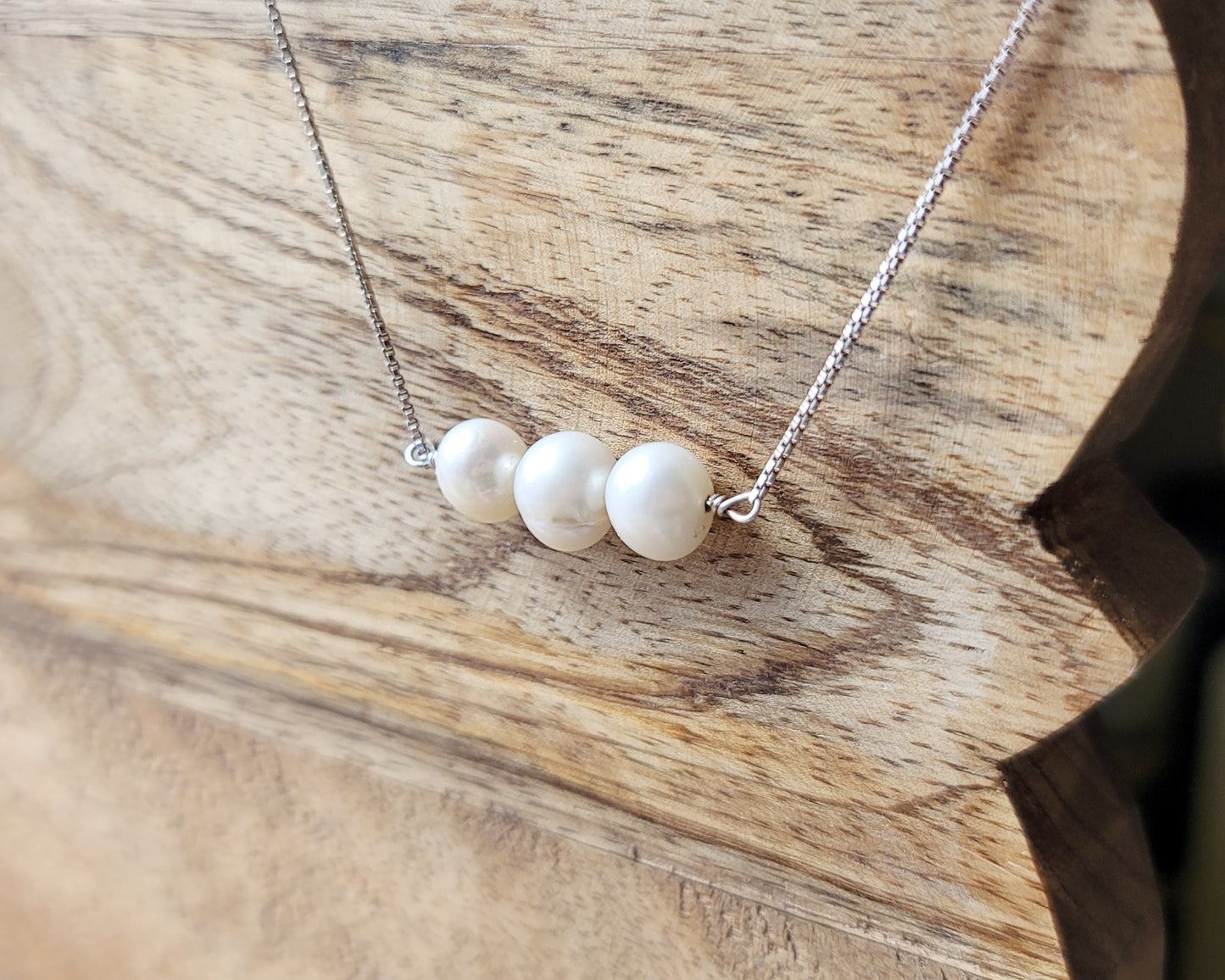 Freshwater Cultured Pearl necklace, Minimalist Bar Style made with Upcycled Vintage Pearls and mainly Upcycled Sterling Silver.