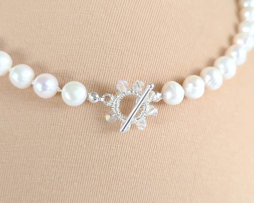 large white freshwater cultured pearl necklace, hand knotted with large crystal encrusted sterling silver toggle clasp
