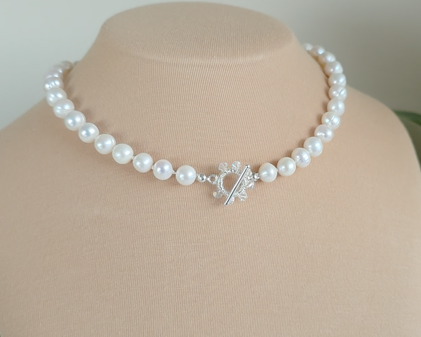 large white freshwater cultured pearl necklace, hand knotted with large crystal encrusted sterling silver toggle clasp