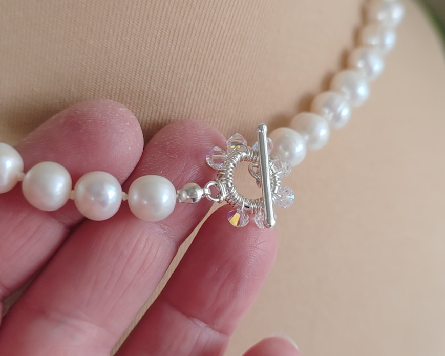 large white freshwater cultured pearl necklace, hand knotted with large crystal encrusted sterling silver toggle clasp