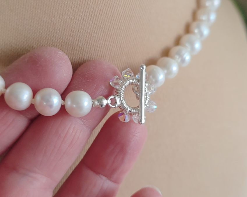 large white freshwater cultured pearl necklace, hand knotted with large crystal encrusted sterling silver toggle clasp