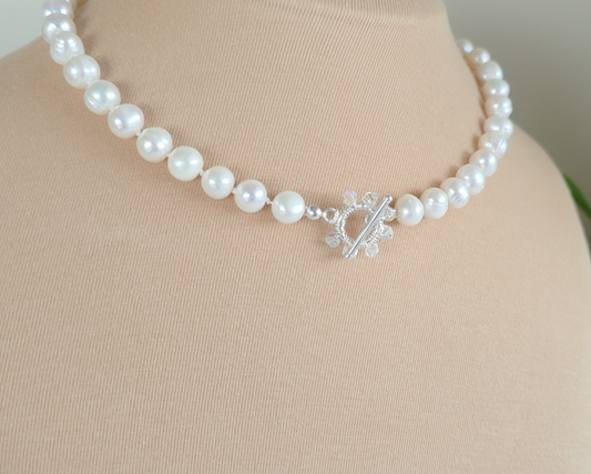 large white freshwater cultured pearl necklace, hand knotted with large crystal encrusted sterling silver toggle clasp