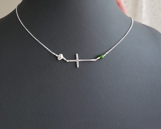 Personalized Sideways Cross Birthstone Heart Necklace-Sterling Silver-Gemstone and Heart