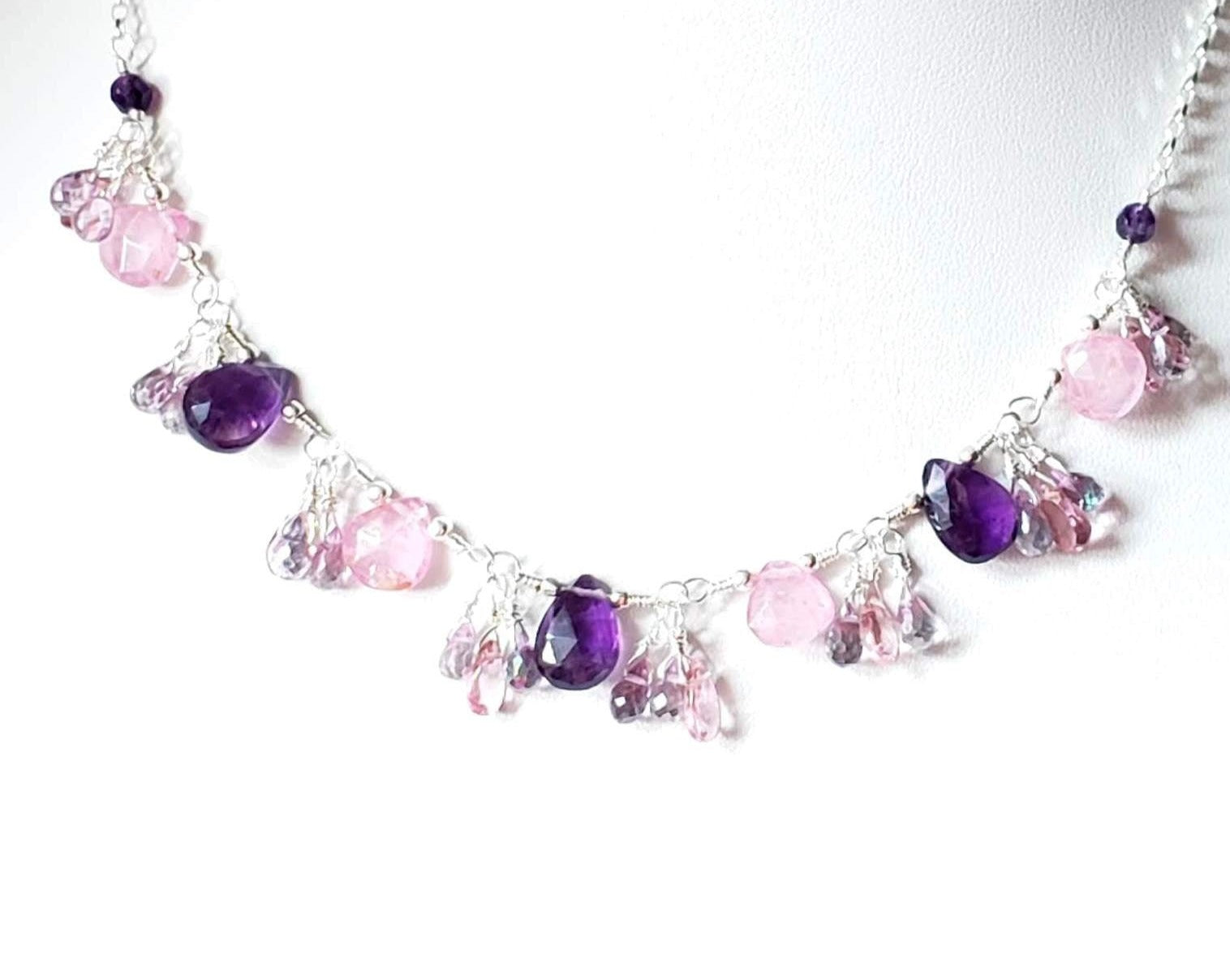 Summer Garden Petunia Gem Necklace-Handcrafted, One of a Kind, Sterling Silver Necklace made with Amethyst, Strawberry Quartz, Pink Topaz, Mystic Topaz