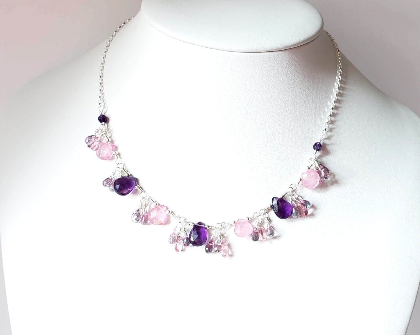 Summer Garden Petunia Gem Necklace-Handcrafted, One of a Kind, Sterling Silver Necklace made with Amethyst, Strawberry Quartz, Pink Topaz, Mystic Topaz