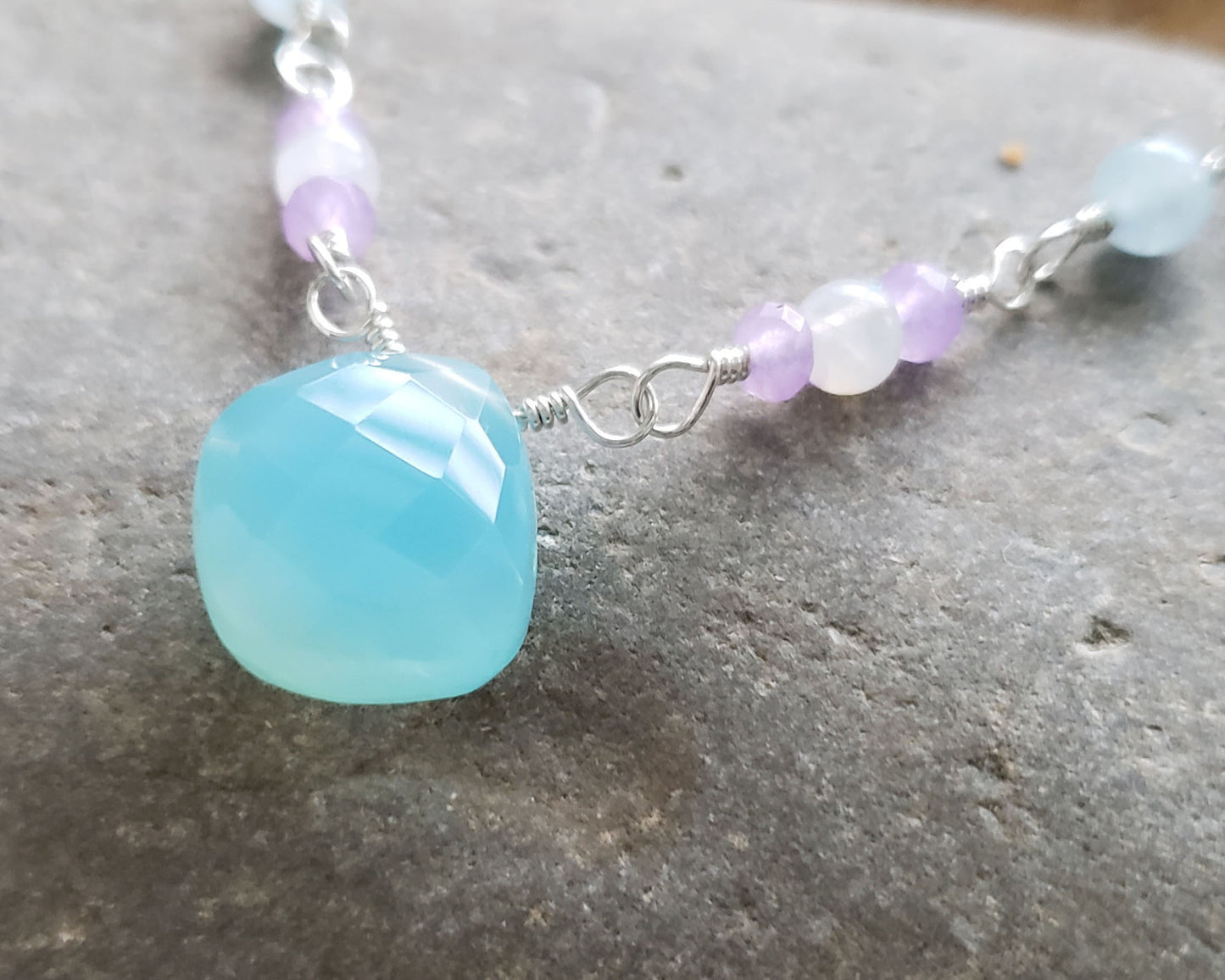 Handmade Blue Chalcedony, Moonstone, Aquamarine, Lavender Quartz, Sterling Silver Necklace