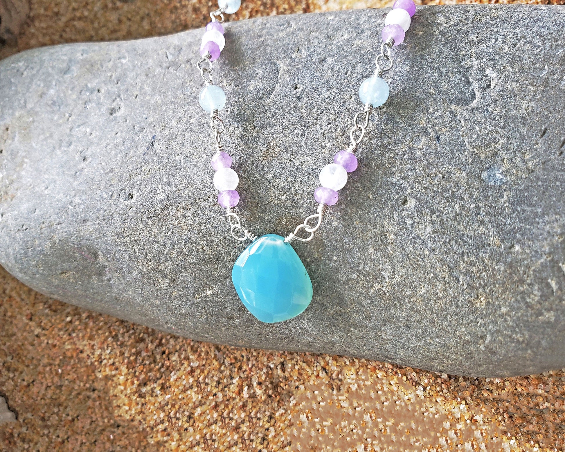 Handmade Blue Chalcedony, Moonstone, Aquamarine, Lavender Quartz, Sterling Silver Necklace