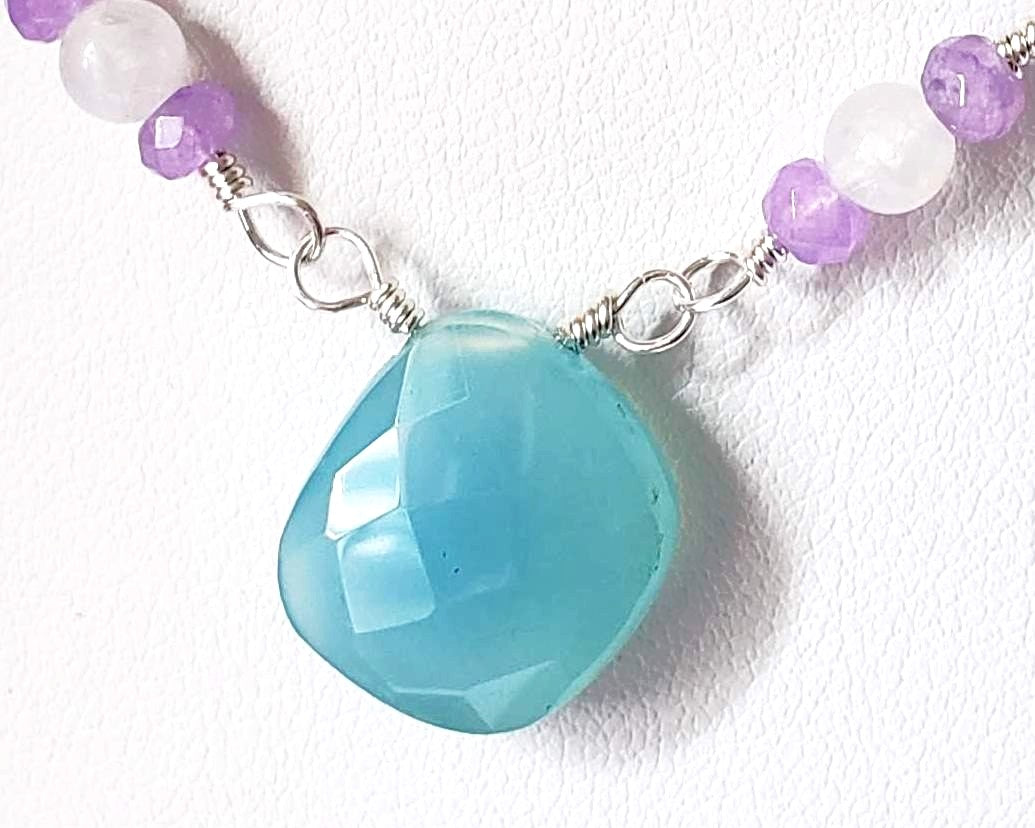 Handmade Blue Chalcedony, Moonstone, Aquamarine, Lavender Quartz, Sterling Silver Necklace