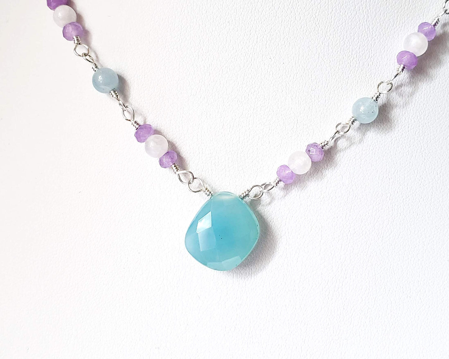 Handmade Blue Chalcedony, Moonstone, Aquamarine, Lavender Quartz, Sterling Silver Necklace