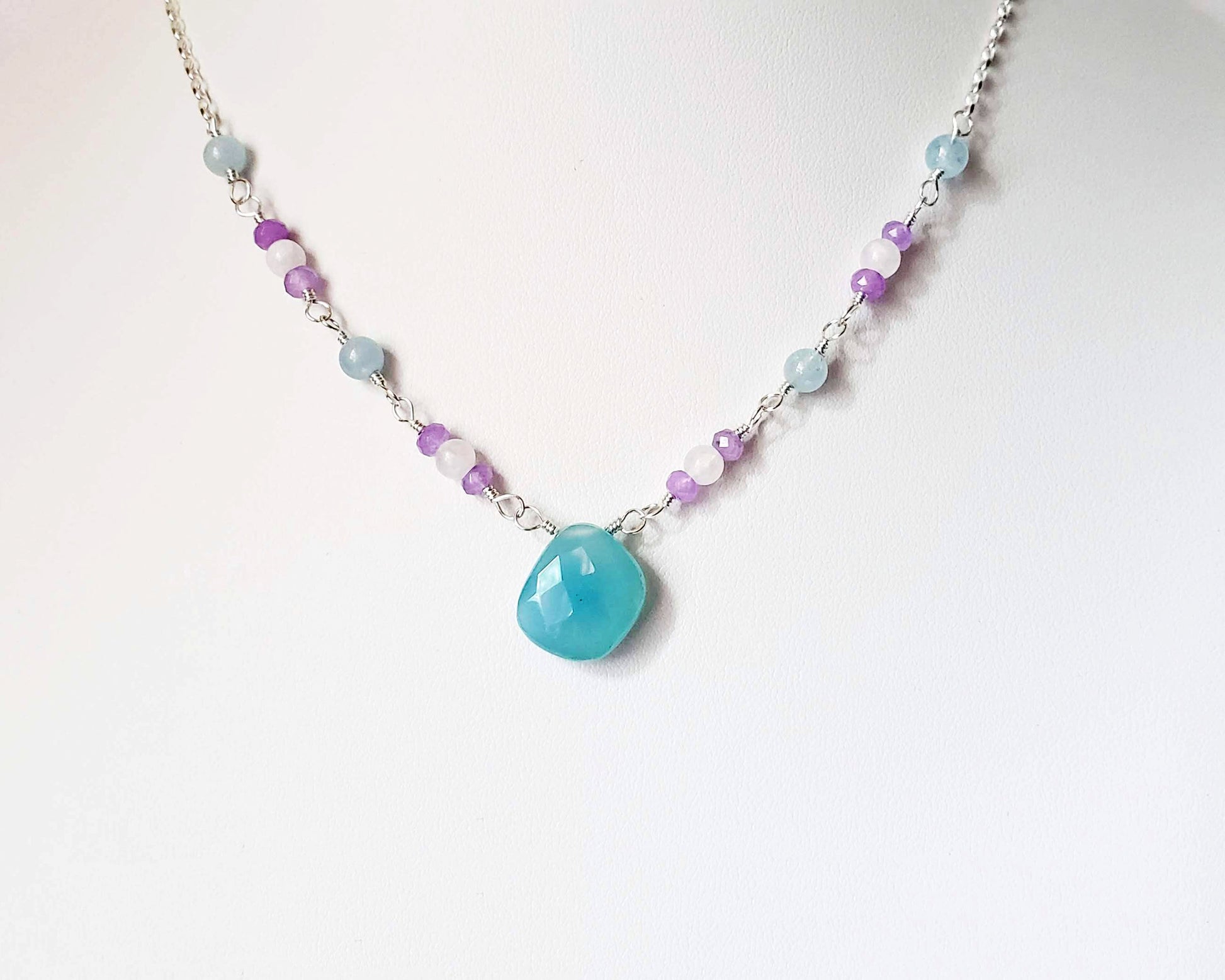 Handmade Blue Chalcedony, Moonstone, Aquamarine, Lavender Quartz, Sterling Silver Necklace