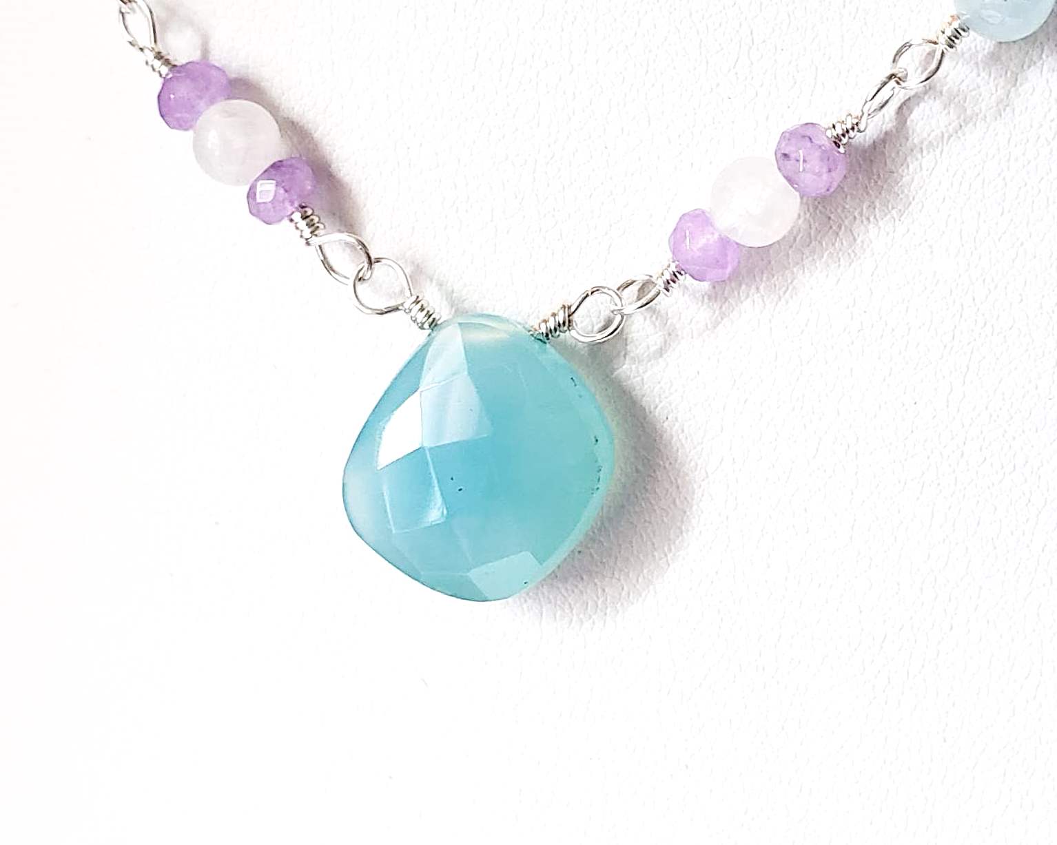 Handmade Blue Chalcedony, Moonstone, Aquamarine, Lavender Quartz, Sterling Silver Necklace