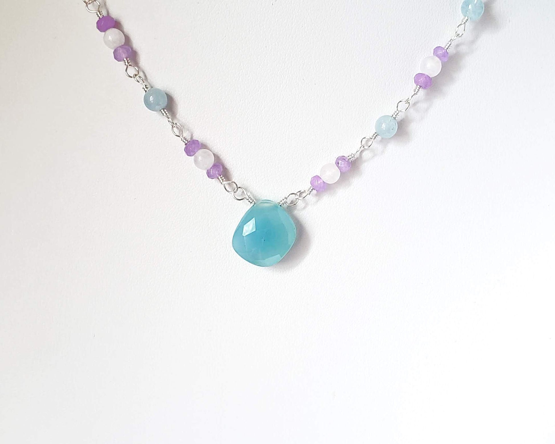 Handmade Blue Chalcedony, Moonstone, Aquamarine, Lavender Quartz, Sterling Silver Necklace