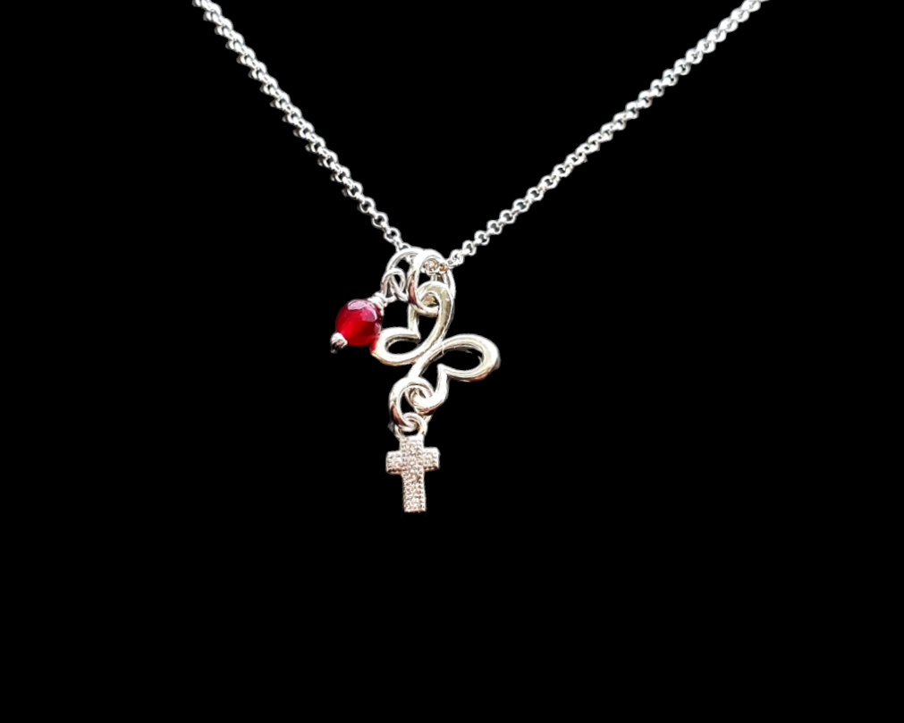 Personalized Transformation Butterfly Cross Birthstone Cubic Zirconia pendant necklace with Butterfly and Sparkly tiny Cross Pendant dangling with a Birthstone Dangle on rolo style Sterling silver chain. 