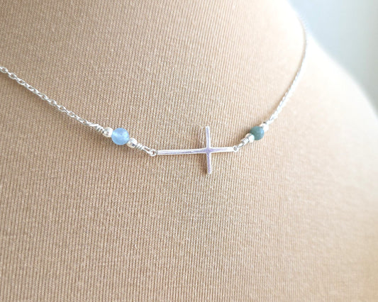 Personalized Two Birthstone Sideways Cross Necklace, Gemstones, Sterling Silver