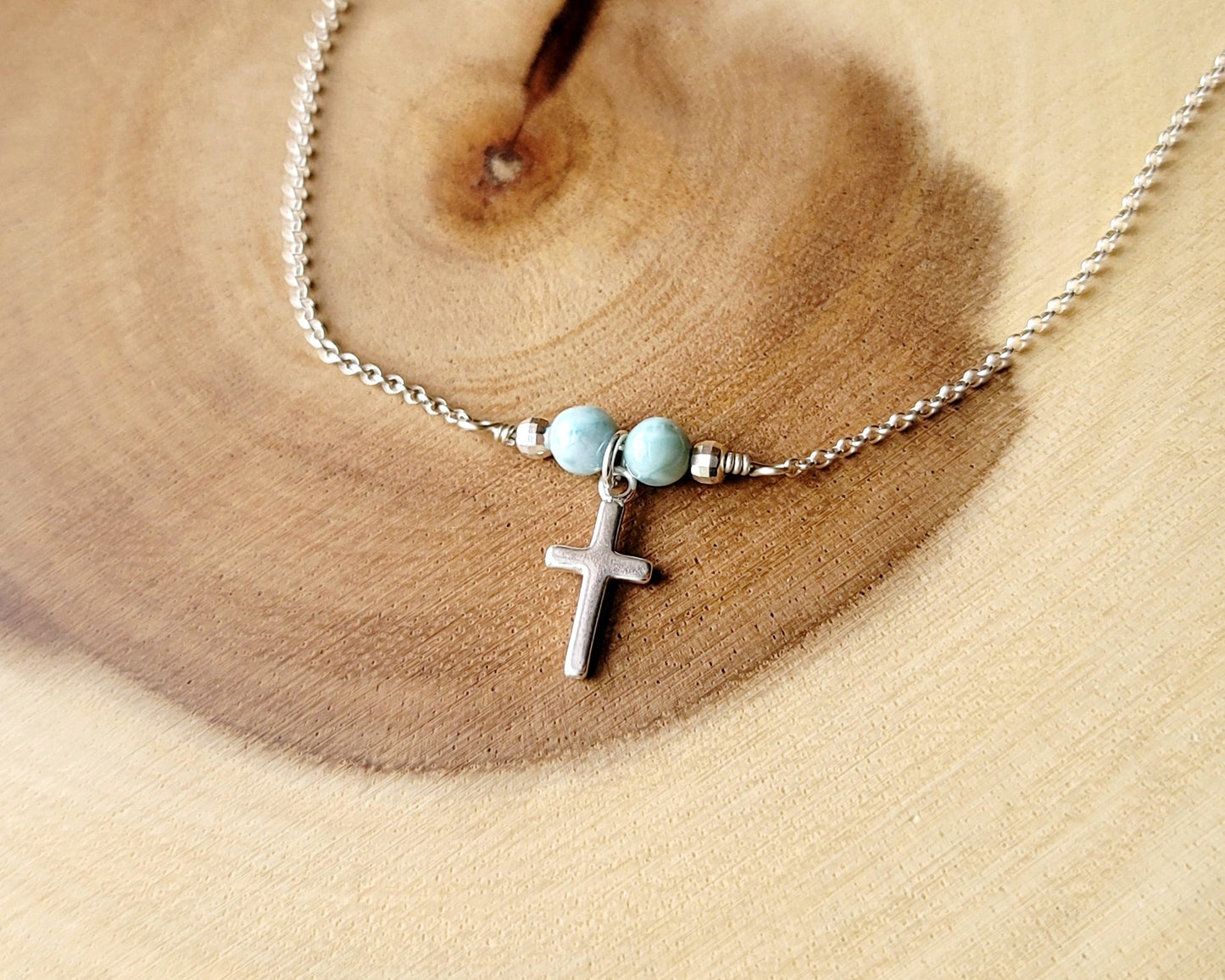 Dainty Cross and Larimar Necklace, Natural Larimar, Stefilia's Stone, Dolphin Stone, Sterling Silver