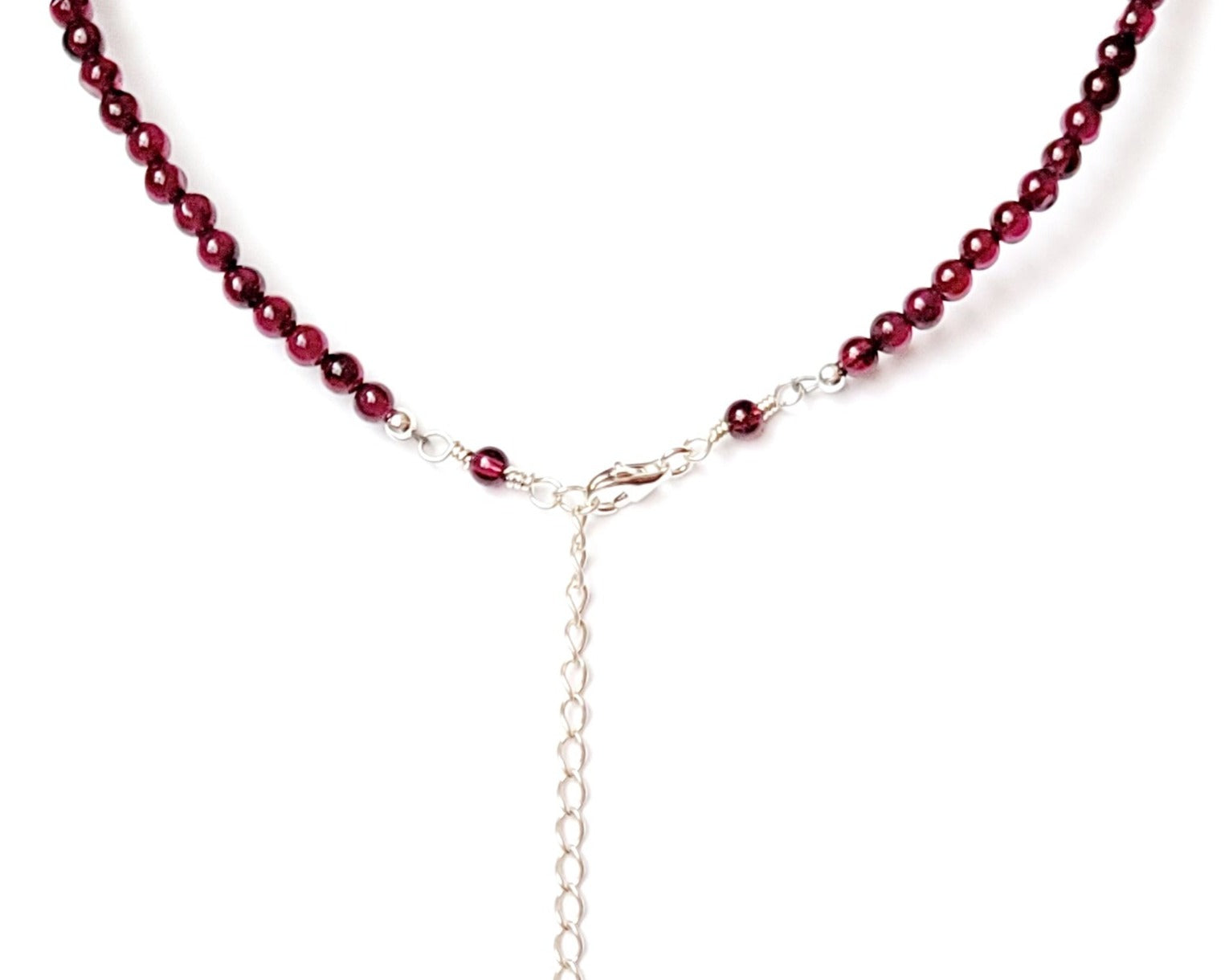 Celebration Garnet Moonstone Necklace with Moonstone Garnet Wire Wrapped Pendant in the center of a Deep Red Garnet Beaded Necklace