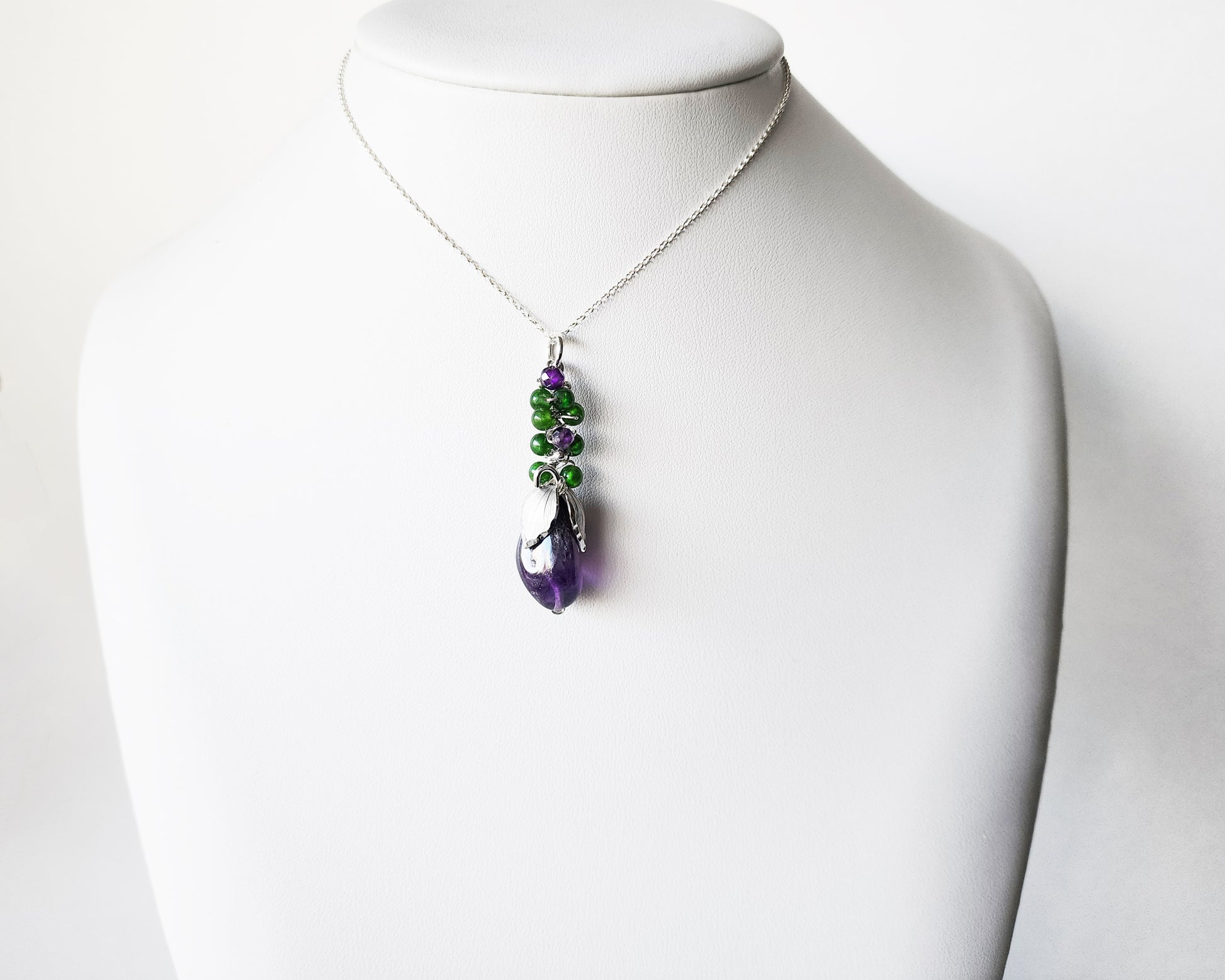 Amethyst Jade Floral Pendant, Handmade with Upcycled Vintage Sterling Silver, Amethyst, and Jade bead wrapped around the top of the flower, dangling on rolo chain. 