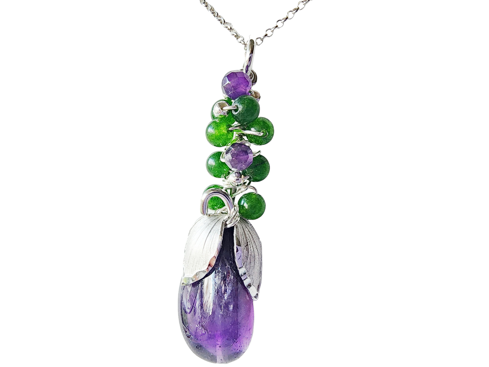 Amethyst Jade Floral Pendant, Handmade with Upcycled Vintage Sterling Silver, Amethyst, and Jade bead wrapped around the top of the flower, dangling on rolo chain. 