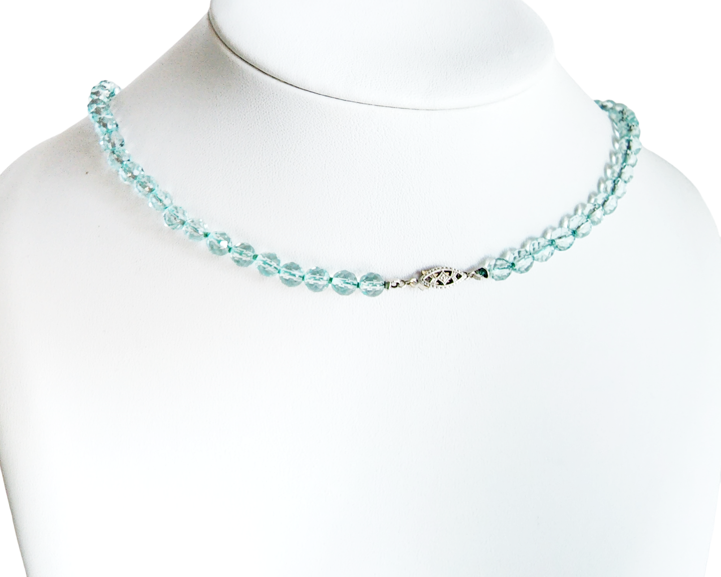 Vintage Romance Aquamarine Necklace, hand knotted translucent, aqua blue faceted stones with Vintage Sterling Silver clasp.