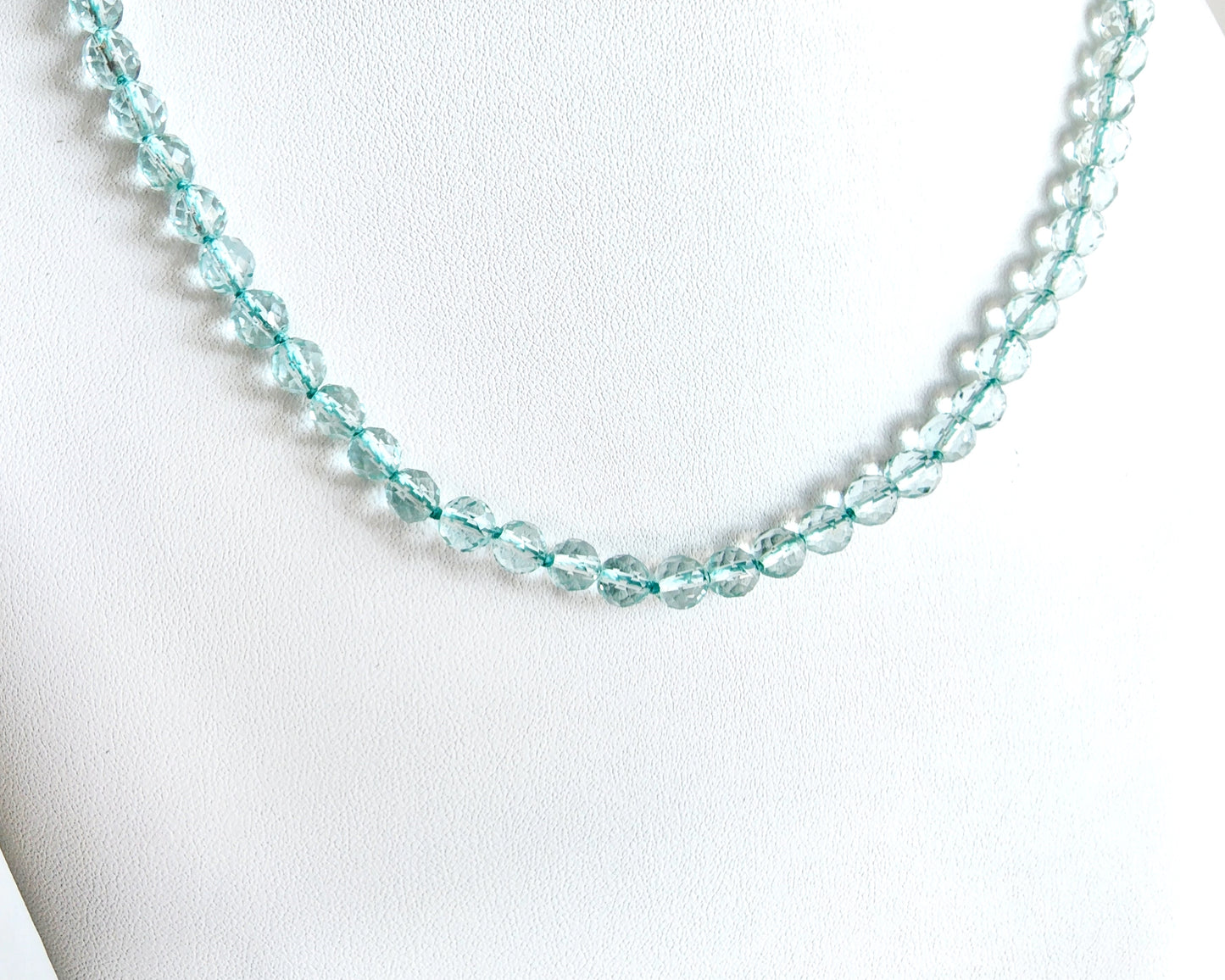 Vintage Romance Aquamarine Necklace, hand knotted translucent, aqua blue faceted stones with Vintage Sterling Silver clasp.