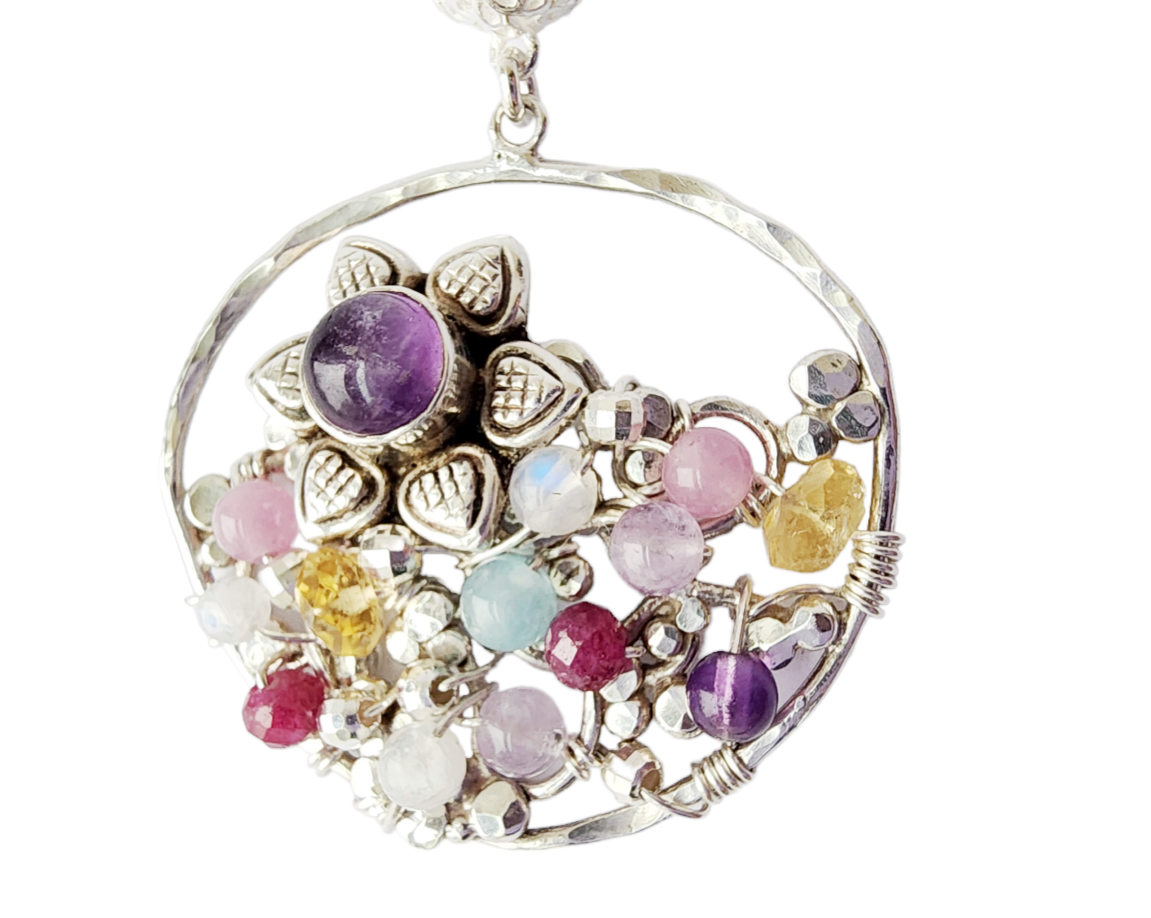 large round Sterling Silver Gemstone Garden inspired Pendant with Upcycled and new Gemstones and Sterling Silver. 