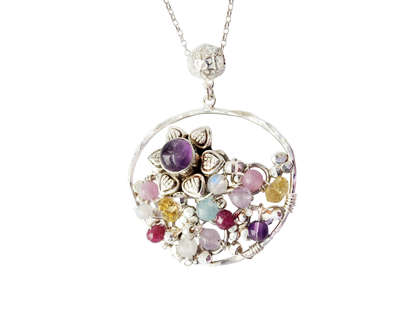 large round Sterling Silver Gemstone Garden inspired Pendant with Upcycled and new Gemstones and Sterling Silver. 