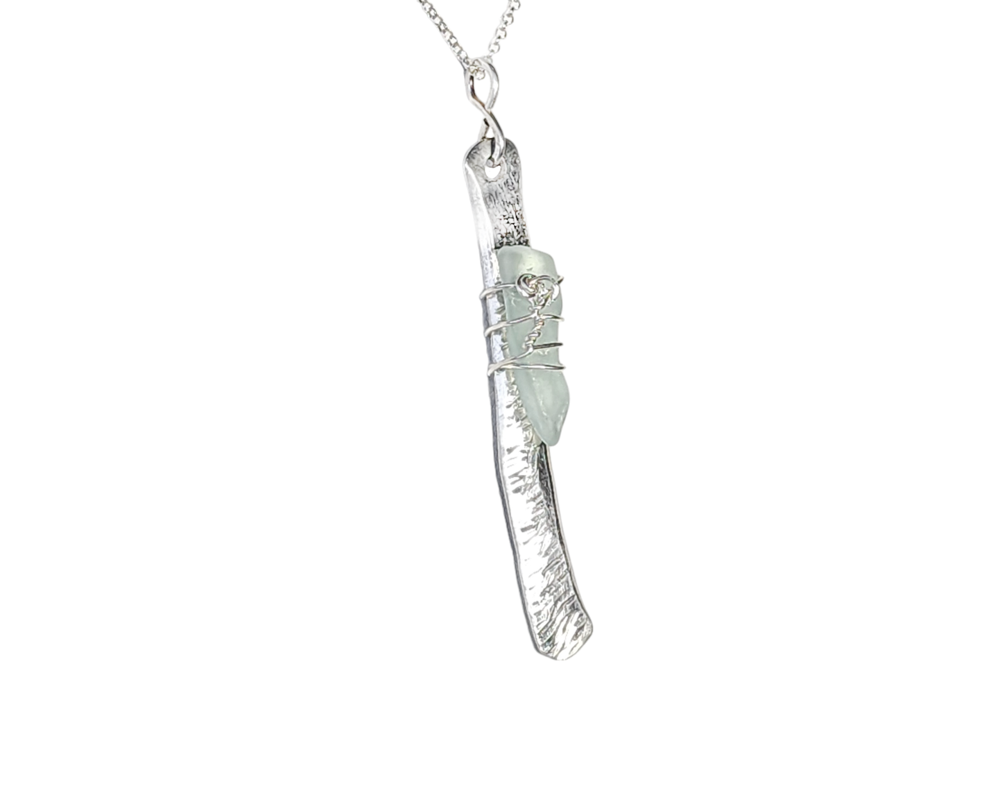  Long Sterling Silver and Aqua Blue Beach Glass/Sea Glass pendant on a rolo style chain. 