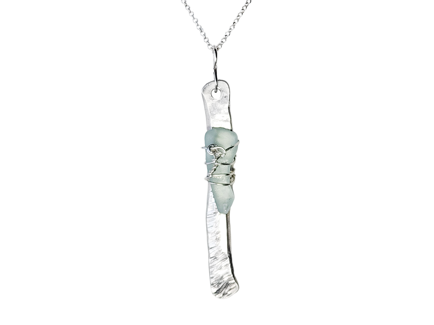  Long Sterling Silver and Aqua Blue Beach Glass/Sea Glass pendant on a rolo style chain. 