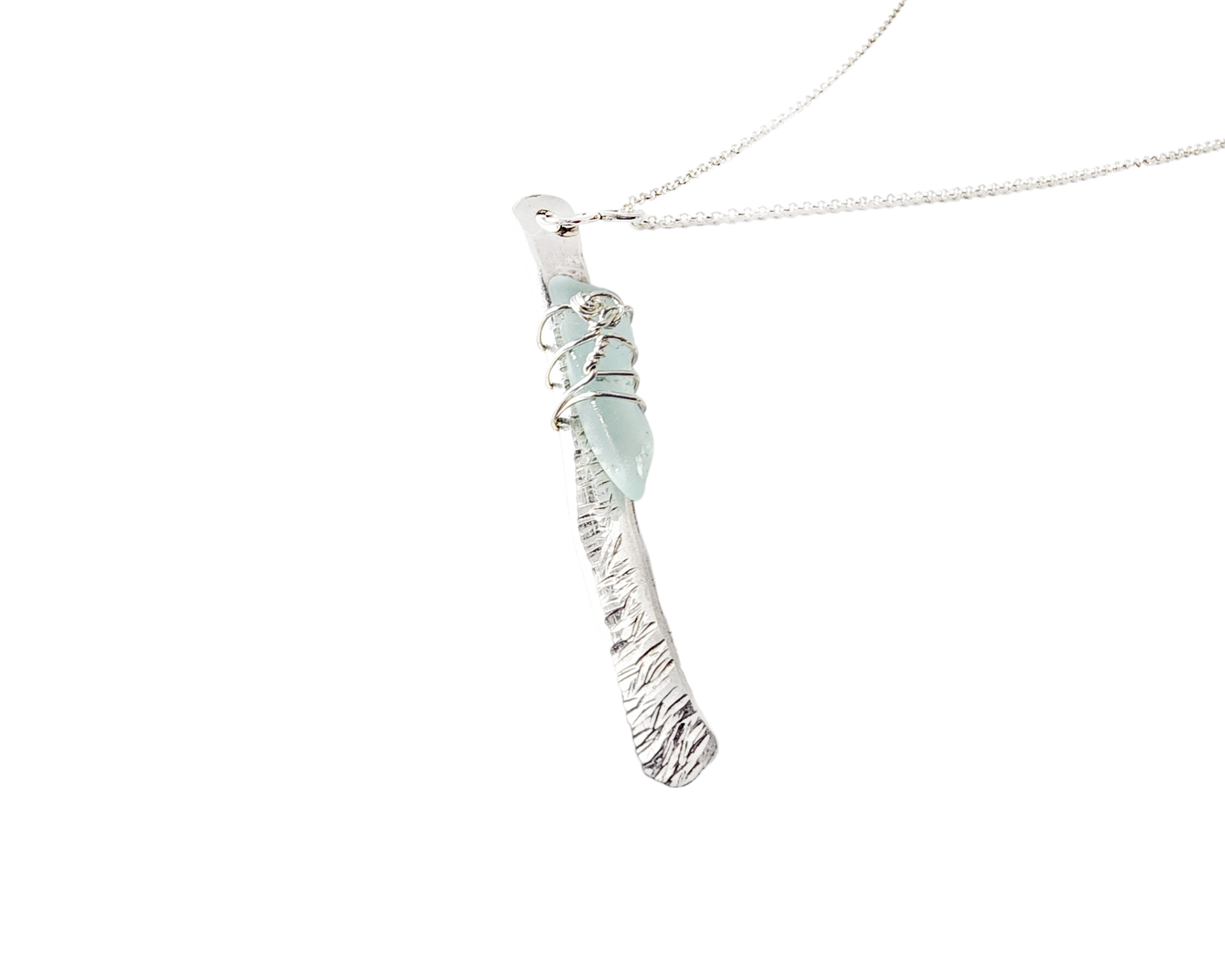  Long Sterling Silver and Aqua Blue Beach Glass/Sea Glass pendant on a rolo style chain. 