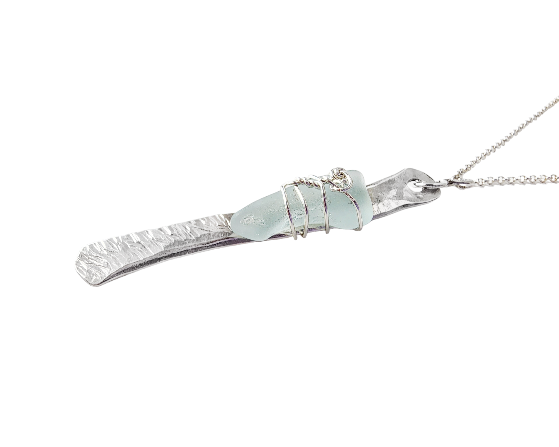  Long Sterling Silver and Aqua Blue Beach Glass/Sea Glass pendant on a rolo style chain. 