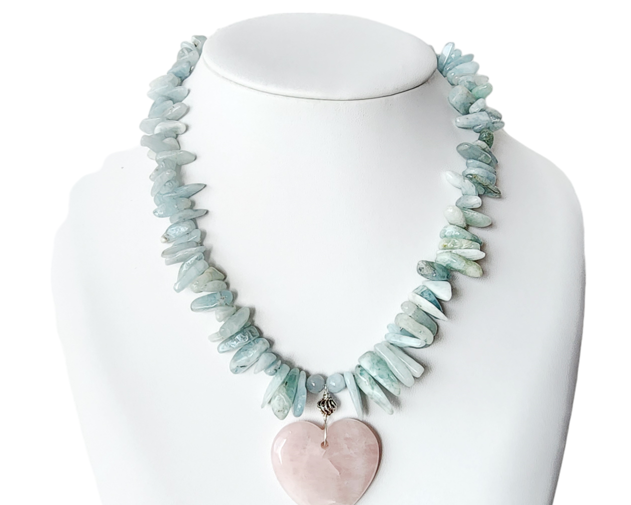 Aquamarine Beaded Necklace with large pale pink Rose Quarts Heart Pendant