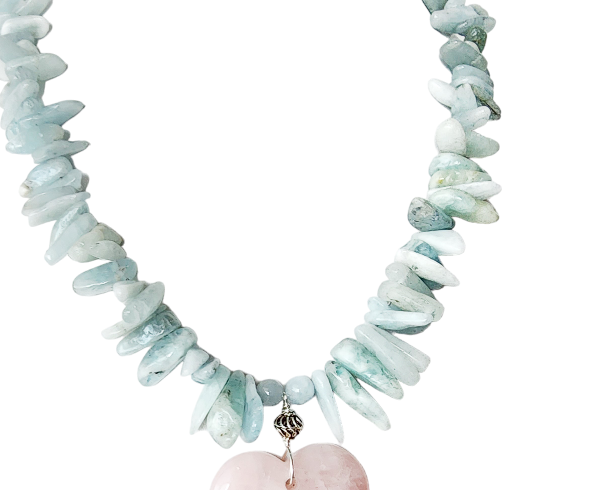 Aquamarine Beaded Necklace with large pale pink Rose Quarts Heart Pendant